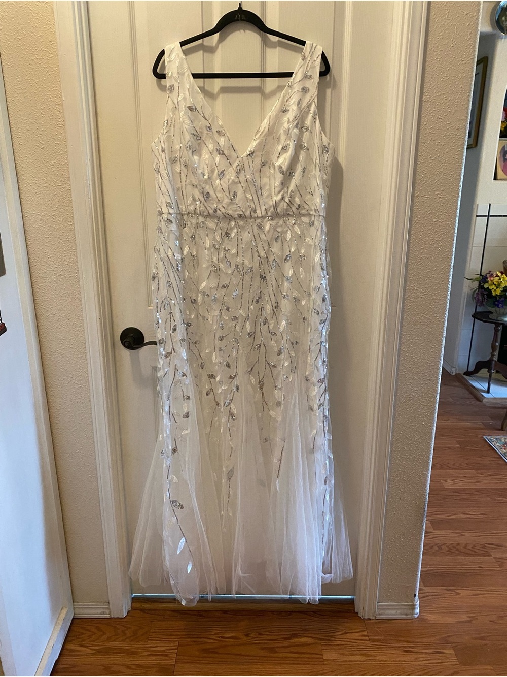 Ever Pretty White V-Neck Tulle Maxi Dress with Silver Leaf Embellishment